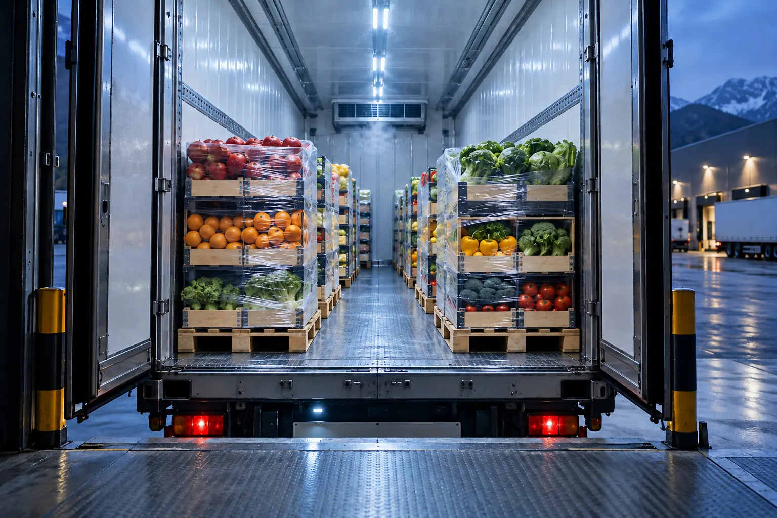 Naczepa chłodnicza z paletami świeżych owoców i warzyw